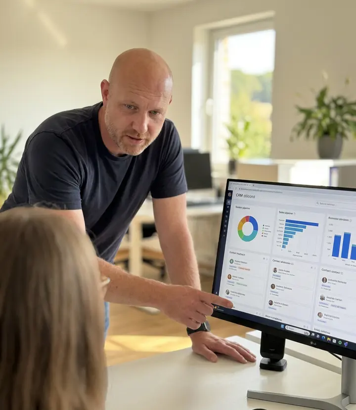 Andreas Borck zeigt einer Maklerin die Auswertungen in ihrem CRM