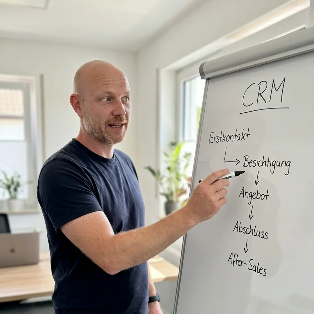 Andreas Borck skizziert einen Maklerprozess am Whiteboard: Erstkontakt, Besichtigung, Angebot, Abschluss, After-Sales