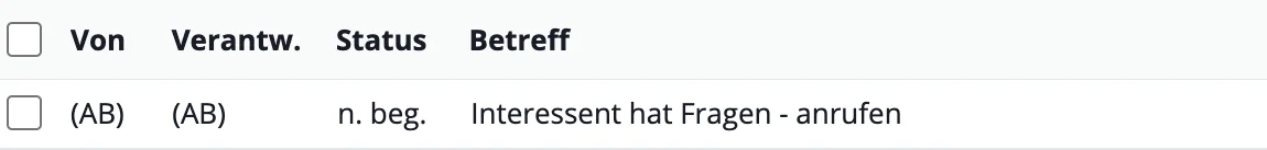 onOffice Aufgabenliste mit der Aufgabe „Interessent hat Fragen - anrufen“ aus dem Prozess