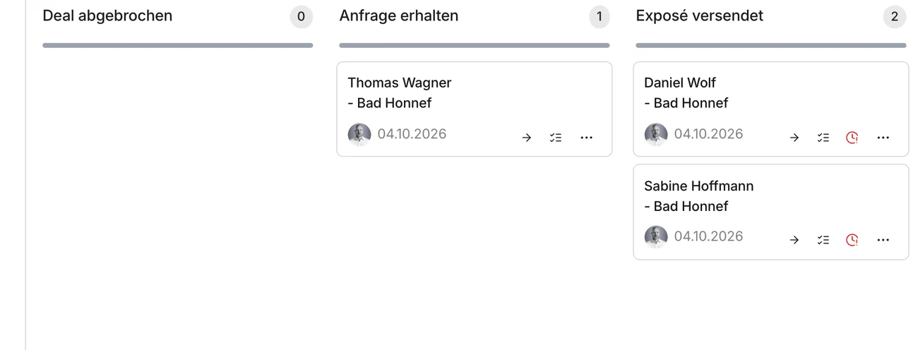 Propstack Deal-Phasen als Kanban: Deal abgebrochen, Anfrage erhalten, Exposé versendet